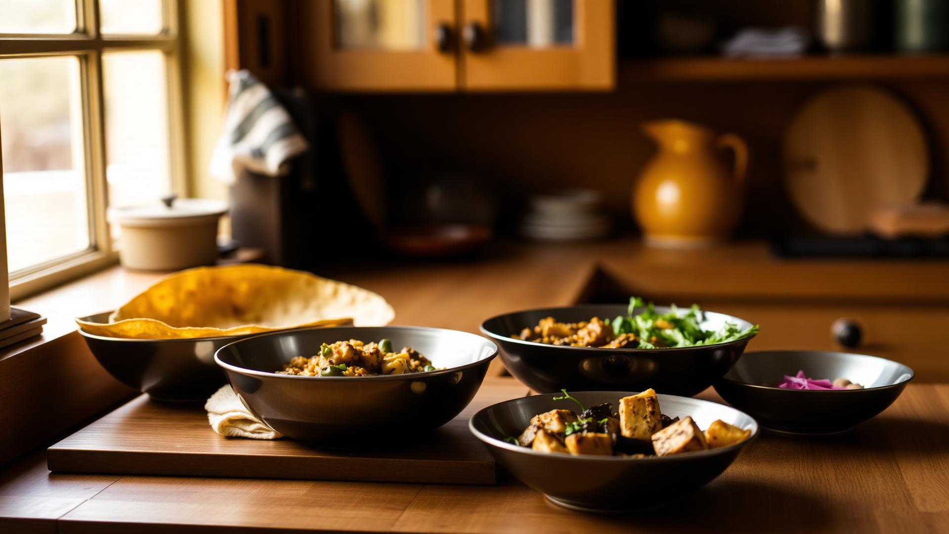 Indian home-cooked meal prep on a wooden counter