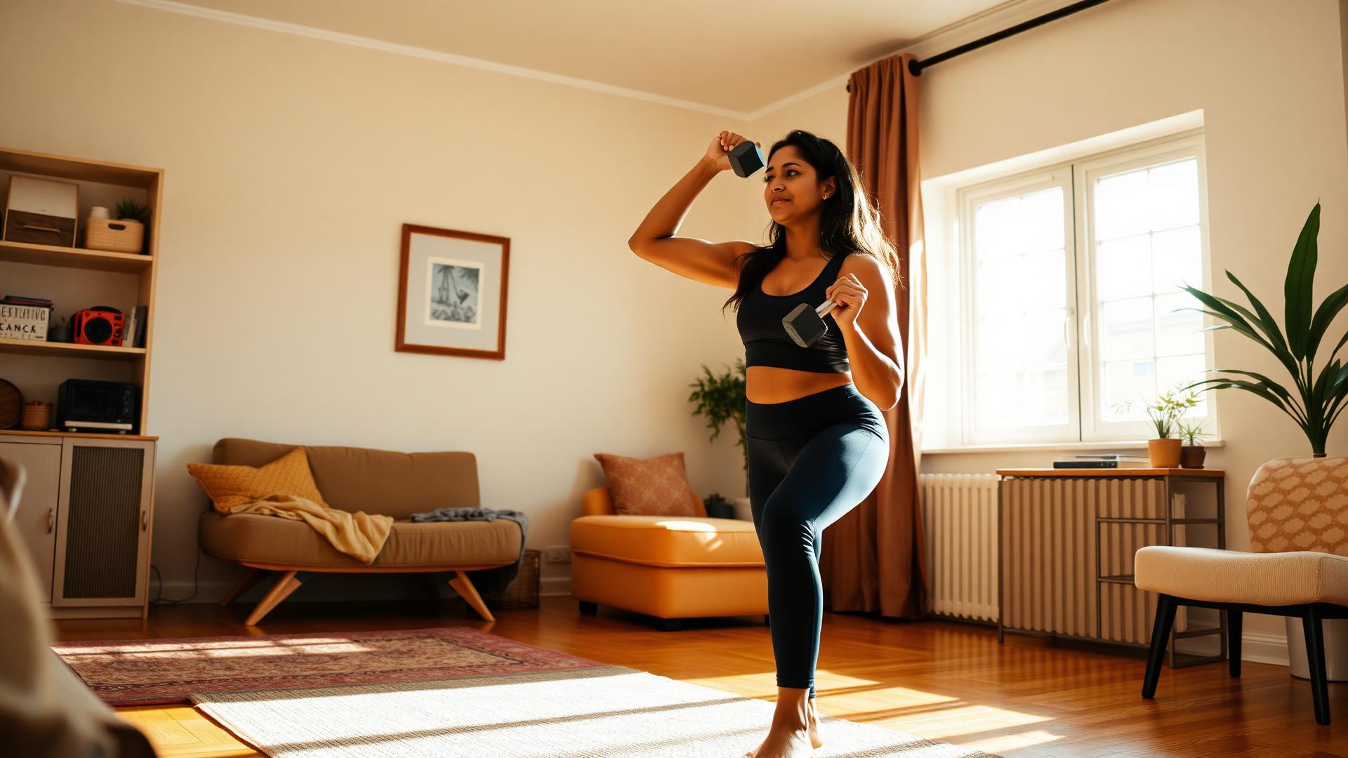 Client training with dumbbells at home in a sunlit room